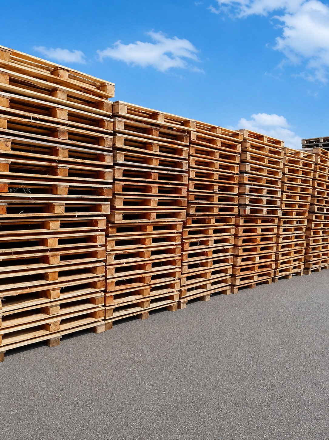 Pallets de madera apilados en depósito de Mazbar Group